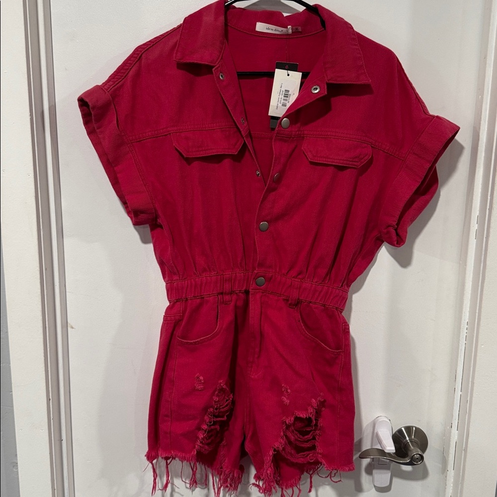 Denim Romper with Distressed Hem